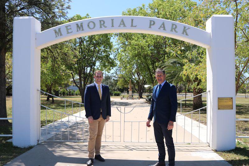the hon Lawrence Springborg AM Mayor of Goondiwindi Regional Council and Councillor Lachlan Brennan in front of the gates at the Inglewood Memorial Park