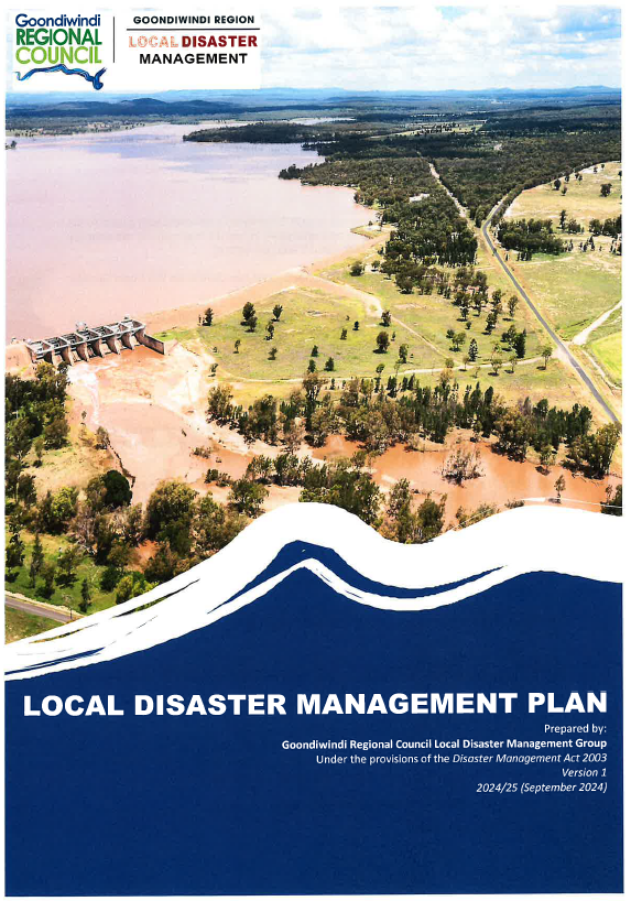 Goondiwindi Regional Council local disaster management plan 2024 2025 cover showing aerial view of coolmunda dam gates during flood